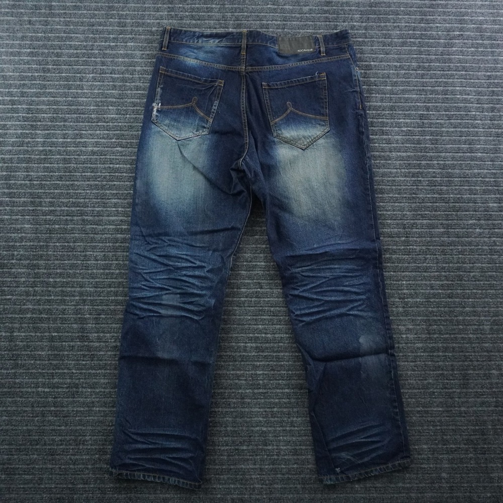 Rocawear Straight Fit Jeans Mens W42 Blue Distressed Paint Splatter Streetwear